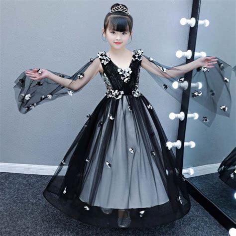 Children Kids Black Lace Piano Host Singers Princess Dresses Birthday