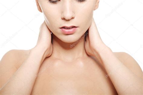 Naked Woman Touching Her Neck Head And Shoulders Close Up Stock Photo