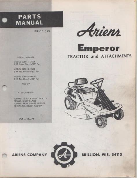 Find Ariens Emperor Tractor And Attachments Parts Manual Pn Pm 25 76