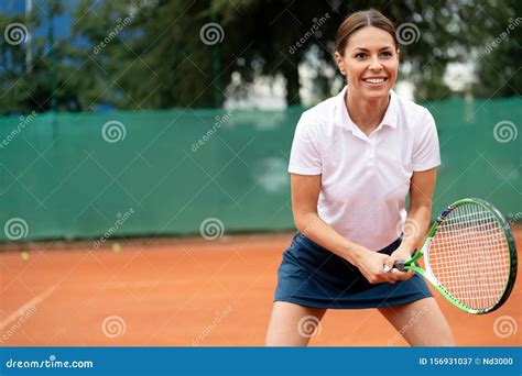 Young Happy Woman Playing Tennis At Tennis Court Stock Image Image Of