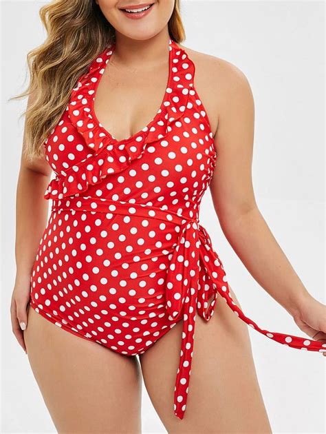Polka Dot Ruffle Tie Plus Size One Piece Swimsuit In 2020 Plus Size Swimsuits Plus Size