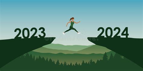 Woman Jumping Over A Cliff From 2023 To 2024 Happy New Year Stock