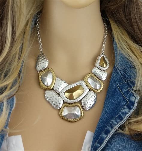 Chunky Hammered Two Tone Collar Necklace Ladies Adult Female Women