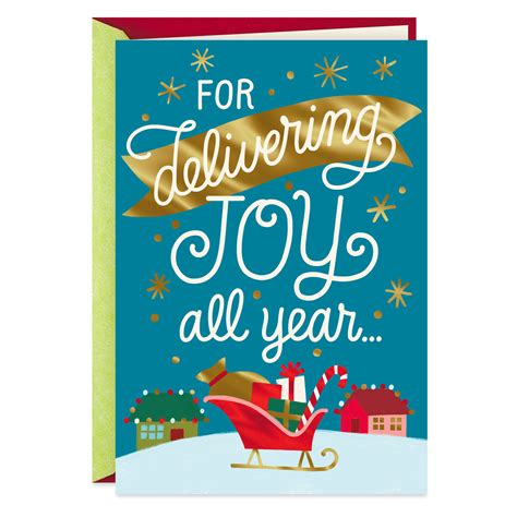 deliver joy  year christmas card  mail carrier greeting
