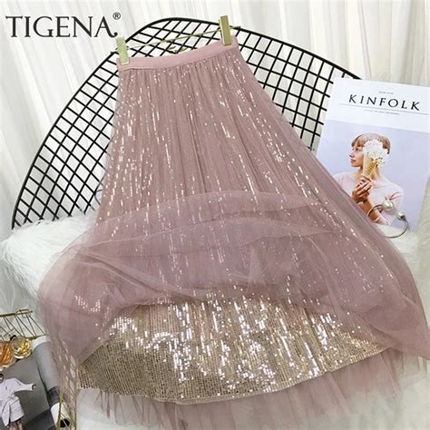 Tigena 4 Layers Fashion Sequin Tulle Skirt Women 2020 Spring Summer