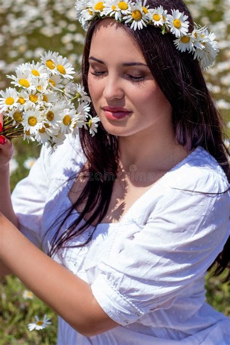 Portrait Of A Beautiful Young Woman In Chamomile Field Happy Girl