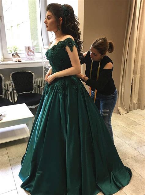 Buy Ball Gown Off The Shoulder Sweep Train Emerald Satin Appliques