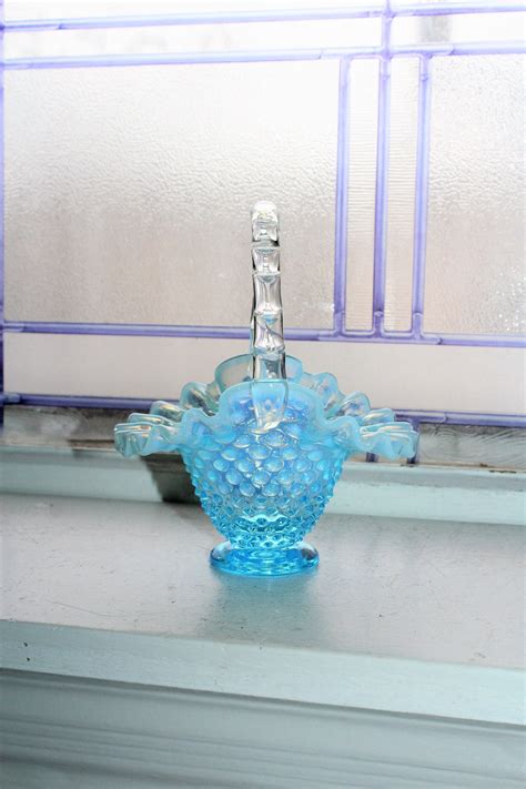Vintage Opalescent Blue Hobnail Glass Basket In Excellent Condition The Basket Measures 5 1 2