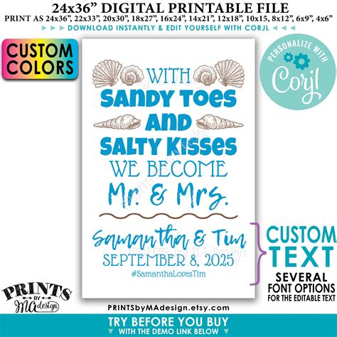 Beach Wedding Sign With Sandy Toes And Salty Kisses We Become Mr And Mrs Printable 24x36