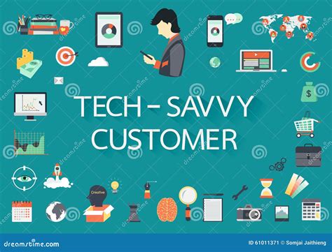 Word TECH - SAVVY CUSTOMER with Involved Flat Icons Around. Stock
