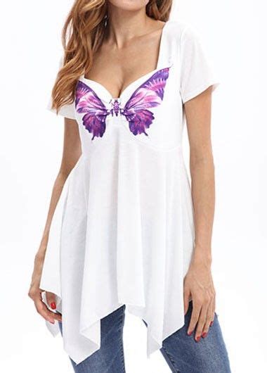 Asymmetric Hem Butterfly Print Short Sleeve Blouse Ladies Tops