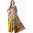 Multicolor Batik Sari From Madhya Pradesh With Printed Paisleys And Florals