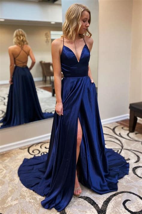 A Line V Neck Backless Navy Blue Long Prom Dresses With High Slit Bac