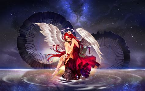 Wallpaper Anime Girls Wings Legs Redhead Blue Eyes Universe