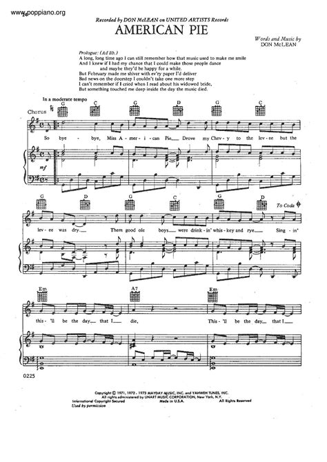 american pie piano sheet music american pie sheet music by don mclean piano vocal and guitar