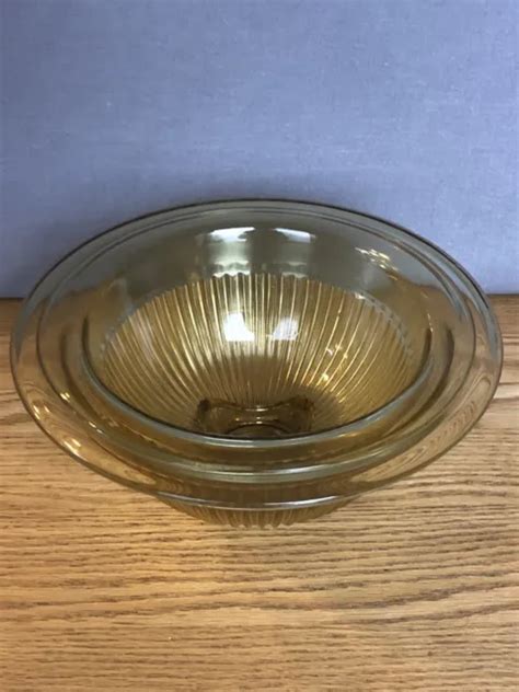 Vintage Amber Depression Glass Nested Mixing Bowls Ribbed Square Foot