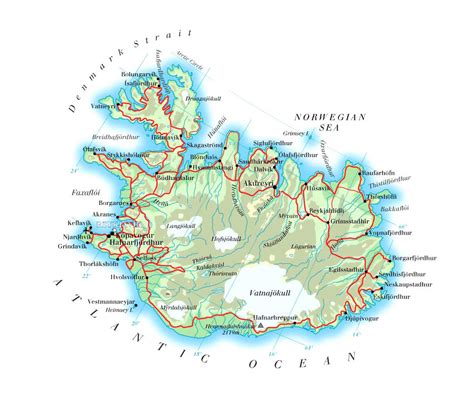 Детальная карта высот Исландии с дорогами городами и аэропортами