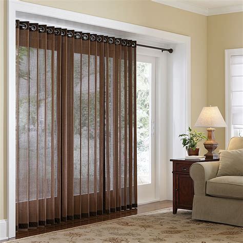 Modern Sliding Glass Door Feat Brown Curtains Also Stylish Couch Wi