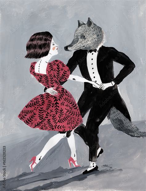 Elegant Woman Dancing With A Werewolf Wearing A Suit Stock Illustration