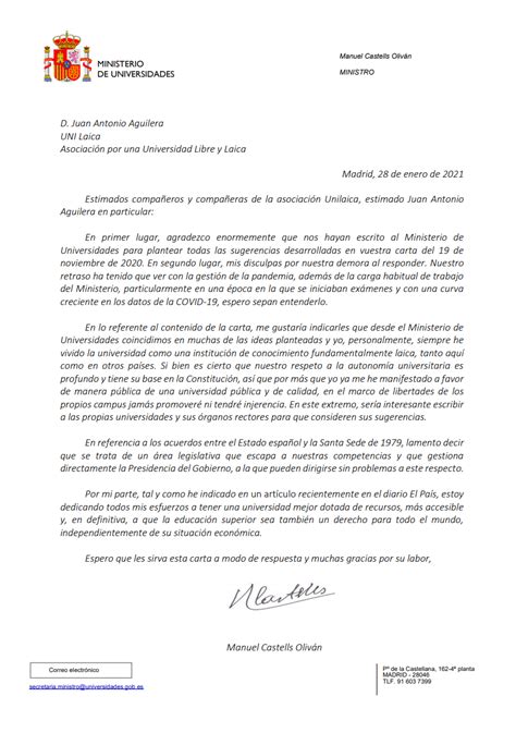 Carta De Respuesta Del Ministro De Universidades Manuel Castells Al