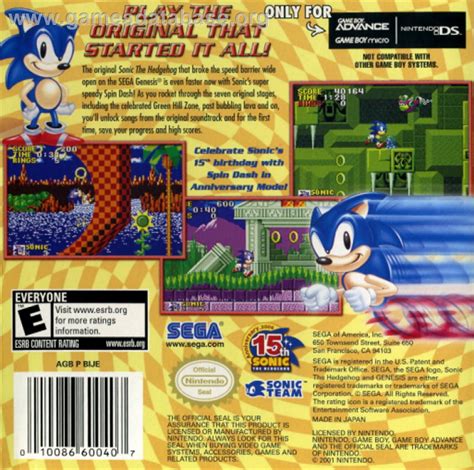 Sonic The Hedgehog Nintendo Game Boy Advance Artwork Box Back