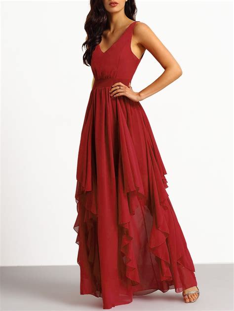 Burgundy Deep V Neck Maxi Chiffon Dress Emmacloth Women Fast Fashion Online