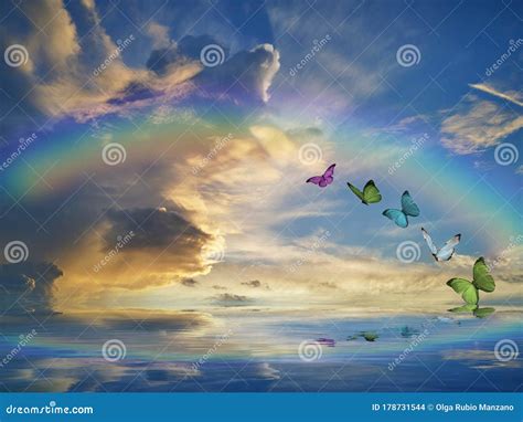 Spiritual Background For Meditation With Clouds Sky Rainbow And