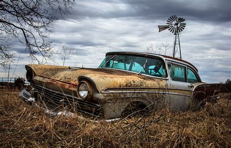 Galaxy Abandoned Windmill Ford Decay Vintage Car Rural Rusty