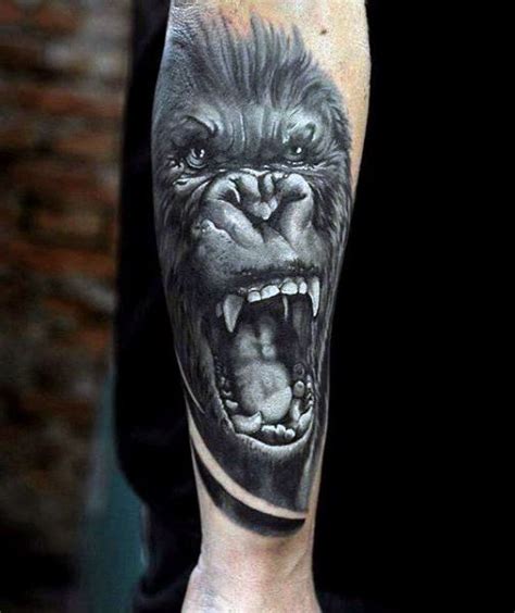 Angry Mens Gorilla Tattoos On Back Of Forearm In Black Ink