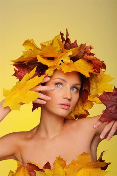 Beautiful Woman With Autumn Leaves On Yellow Stock Image Image Of