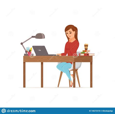 Woman Working On Computer Colorful Vector Concept Cartoon Flat Style