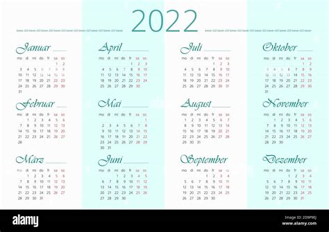 2022 Calendar Template In German 12 Months Horizontal Simple And