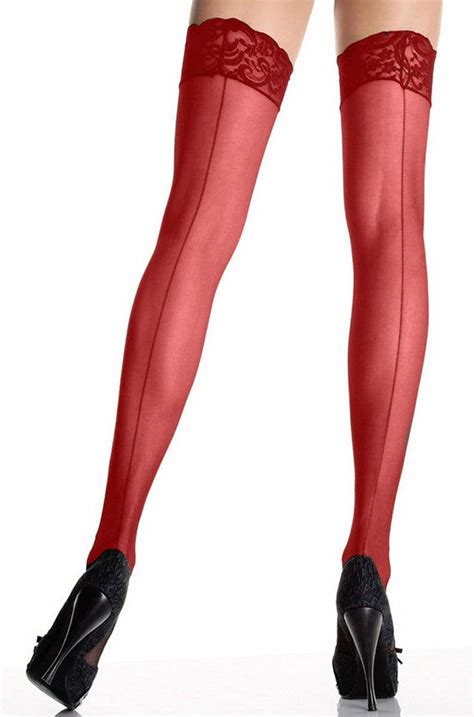 red sheer plus size thigh highs lace top back seam stockings