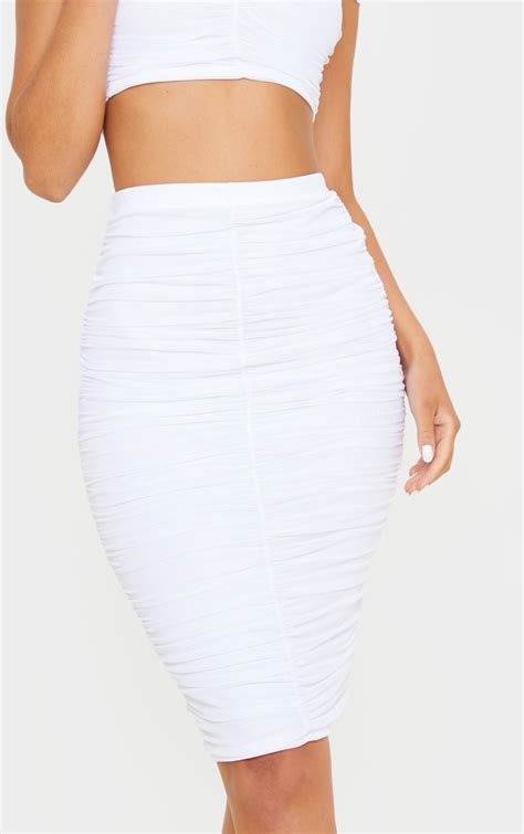 White Mesh Ruched Midi Skirt Co Ords Prettylittlething