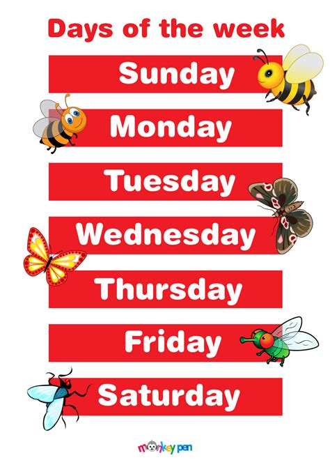Free Printable Days Of The Week Educational Chart Monkey Pen Store