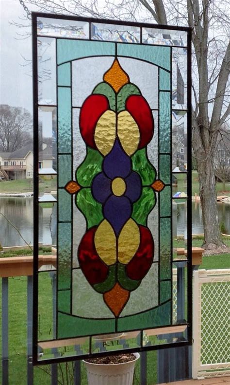 Victorian Large Stained Glass Panel Window Hanging Purple Red Stained