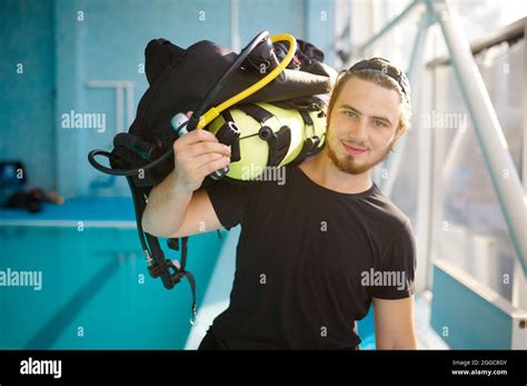 Male Diver Holds Scuba Gear Diving School Stock Photo Alamy