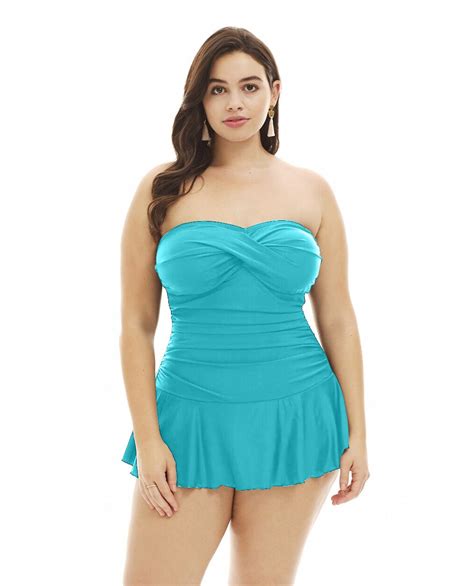 Always For Me Peacock Plus Size Twist Front Bandeau Strapless Shirred Swimdress Swimdress