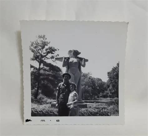 Vintage Photograph Man Woman Couple Posing Nude Statue Outdoors Park