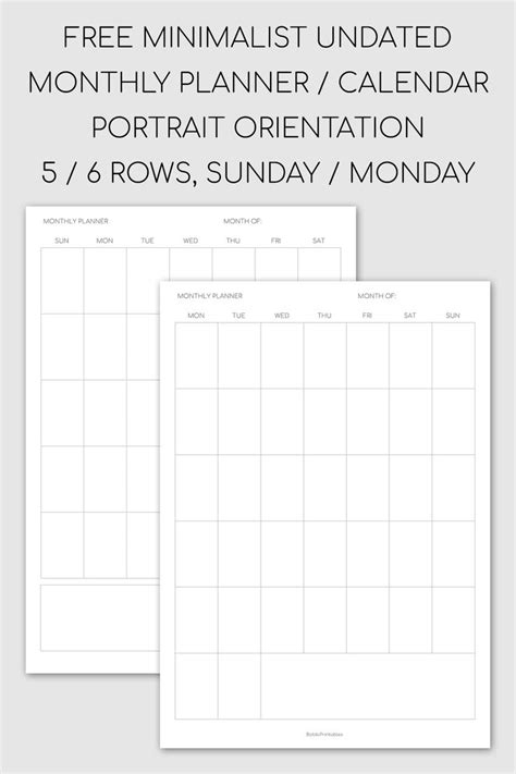Minimalist Monthly Planner Undated Calendar Portrait Orientation