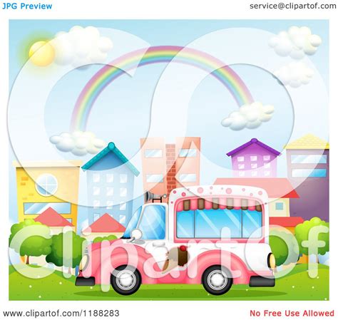 Cartoon Of A Rainbow Over An Ice Cream Truck In A City