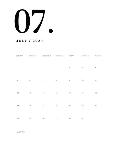 This Simple And Minimalist July 2021 Free Printable Calendar Template