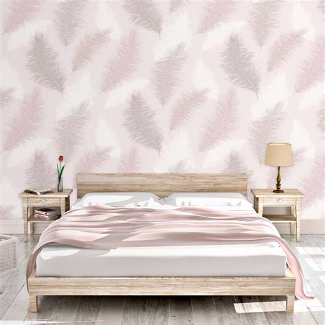 Sussurro Large Feather Wallpaper Blush Pink Silver Glitter Embossed