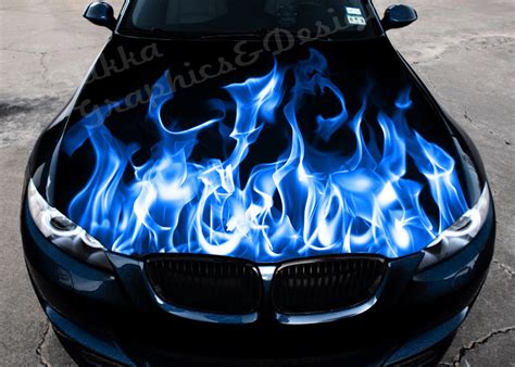 vinyl car bonnet wrap full color graphics decal blue fire burning flame sticker body and exterior