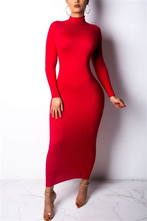 Fashion Sexy High Neck Long Sleeve Red Dress