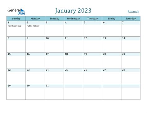 January 2023 Calendar With Rwanda Holidays