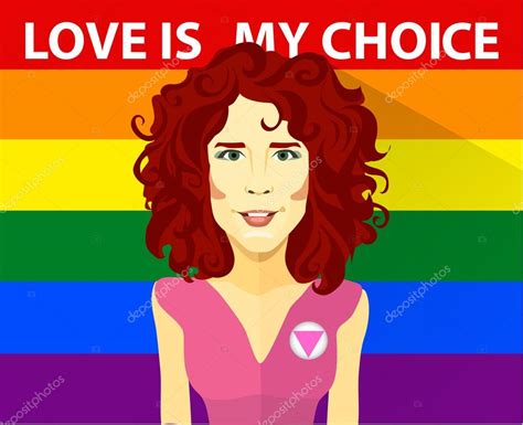 gays and lesbian couple vector illustration beautiful curly red haired girl with lgbt badge