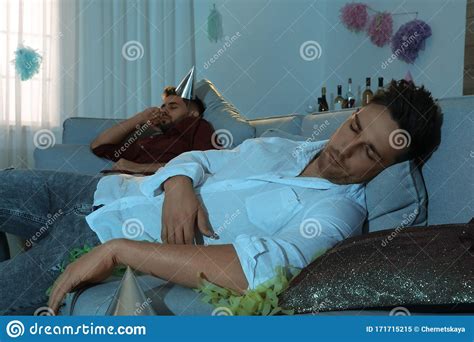 Drunk Men Sleeping On Sofa After Party Stock Image Image Of Living