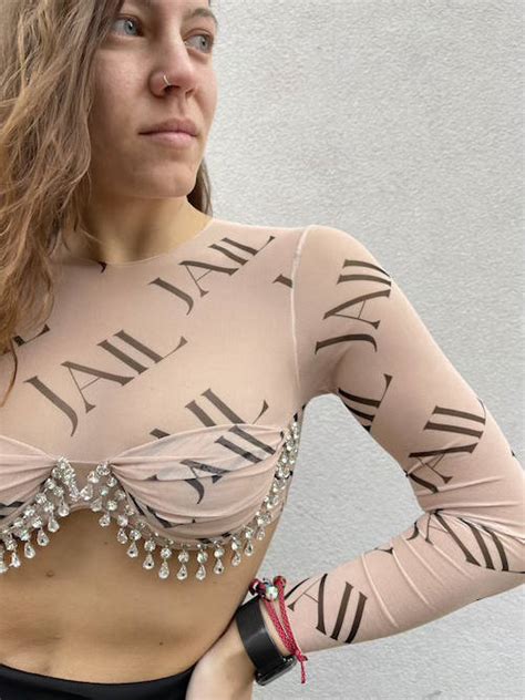 Milkwhite PRINTED MESH CROPPED CRYSTAL TOP JAIL NUDE Cats Boutique