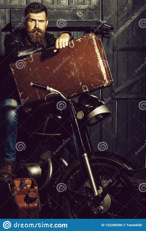 Frown Bearded Man Hipster Biker Stock Photo Image Of Metallic